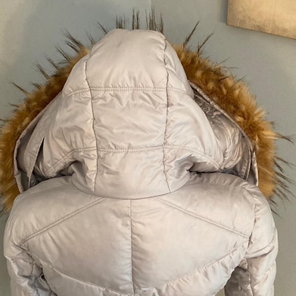 Guess Silver Puffer Hooded Jacket with Removable Faux Fur Women Size Small - Picture 5 of 16